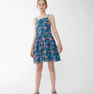 Vestido azul flores rosas hawaianas.