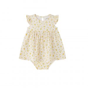 Vestido marfil flores mostaza.