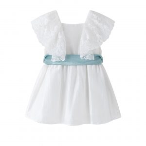 Vestido blanco 2 cinturones rosa y verde