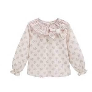 Blusa flores camel y cuello cuadros