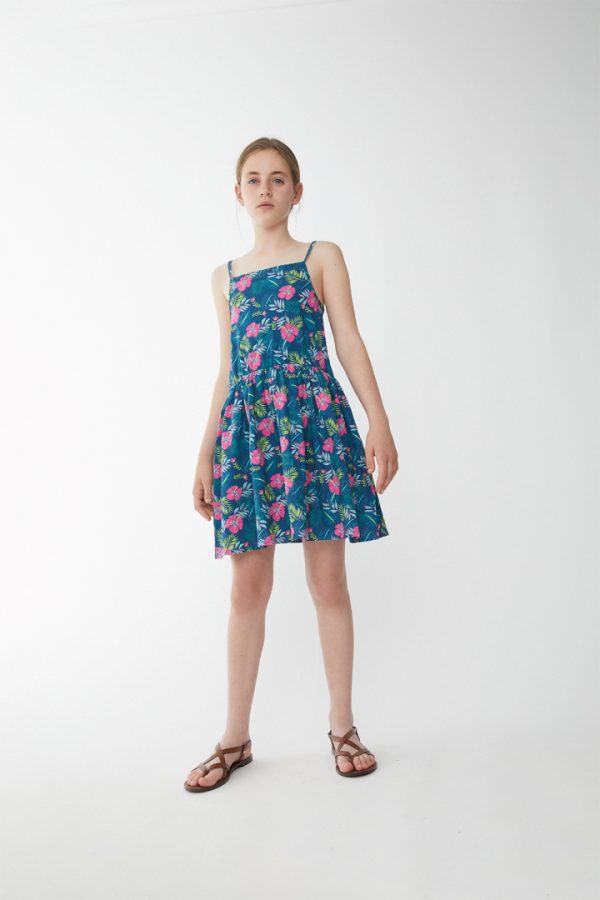 Vestido azul flores rosas hawaianas.