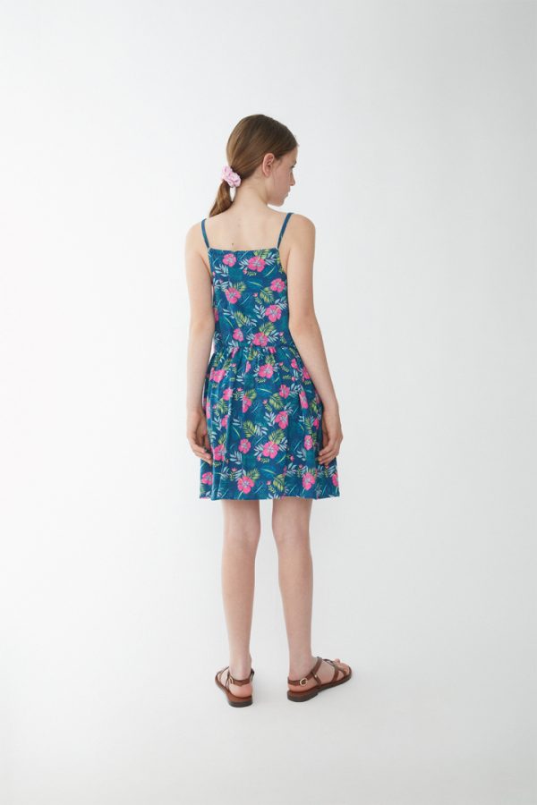 Vestido azul flores rosas hawaianas. - Imagen 2