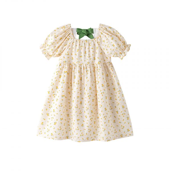 Vestido marfil flores mostaza lazo verde