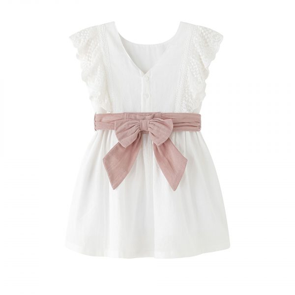 Vestido algodón blanco lazo rosa. - Imagen 2