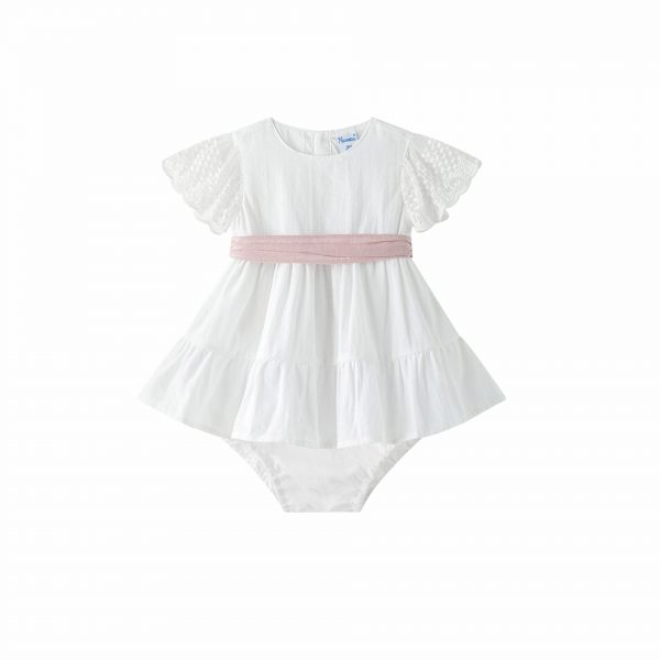 Vestido ceremonia blanco fajin rosa.